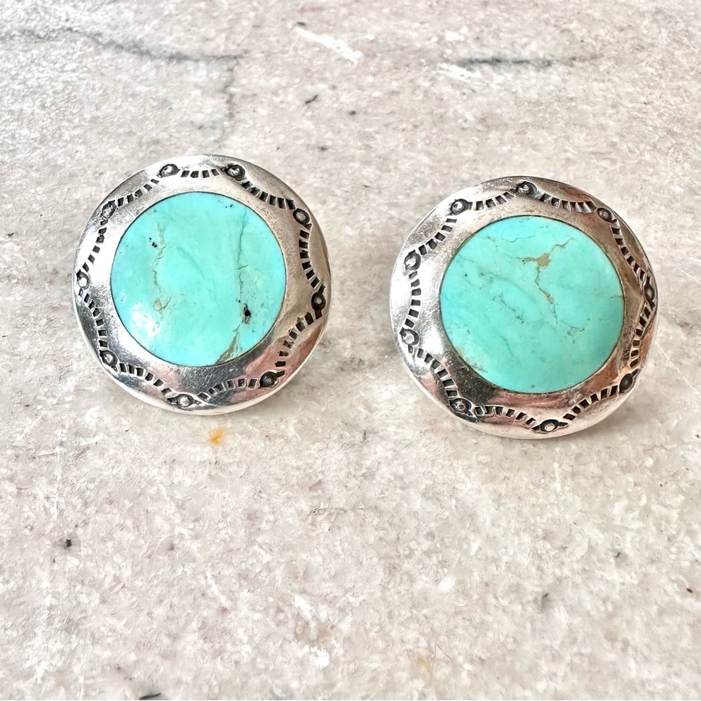 Native American sterling and turquoise stud earrings, stamp work design on edge